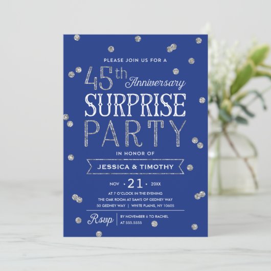 45e verjaardag Glitter Confetti Surprise Party Kaart (Staand voorkant)
