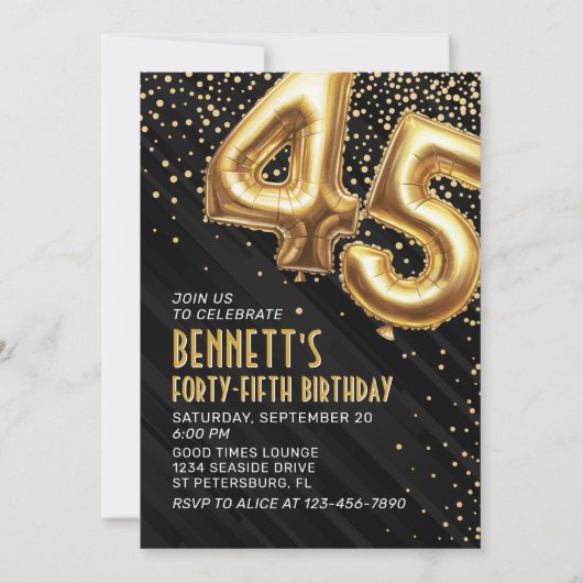 45e verjaardag Gold Black Invitation Kaart (Voorkant)