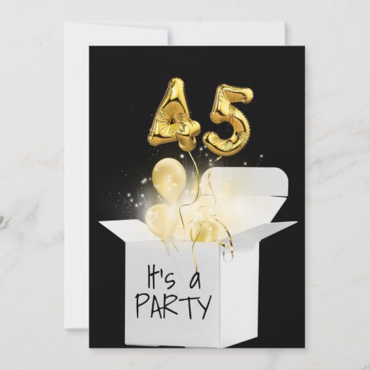 45e verjaardag goudballonnen in witte doos kaart (Voorkant)