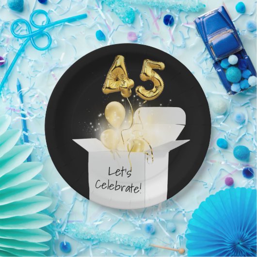 45e verjaardag goudballonnen in witte doos papieren bordje (Feest)