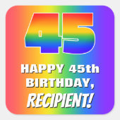 45e verjaardag: kleurrijk, vun regenboogpatroon #  vierkante sticker (Voorkant)