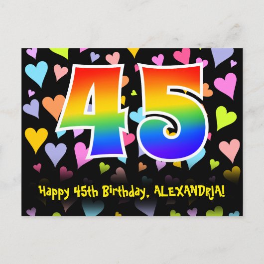 45e verjaardag: leuk hartjes patroon, regenboog 45 briefkaart (Voorkant)