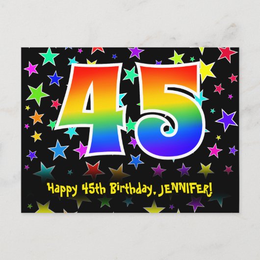 45e verjaardag: leuk sterrenpatroon, regenboog 45, briefkaart (Voorkant)