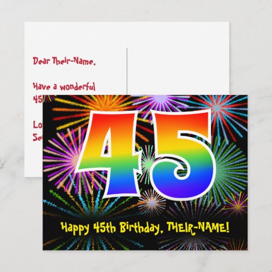 45e verjaardag - Leuk vuurwerkpatroon + Regenboog  Briefkaart (Voorkant / Achterkant)