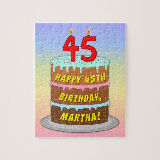 45e verjaardag: Leuke cake en kaarsen + aangepaste Legpuzzel (Verticaal)