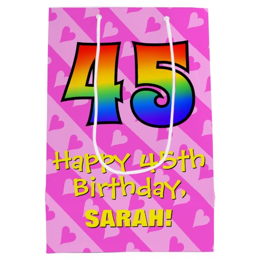 45e verjaardag: leuke roze harten strepen; regenbo medium cadeauzakje (Achterkant)