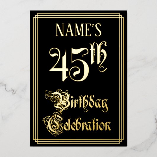 45e verjaardag Partij — Fancy Manuscript & Naam va Folie Uitnodiging (Voorkant)