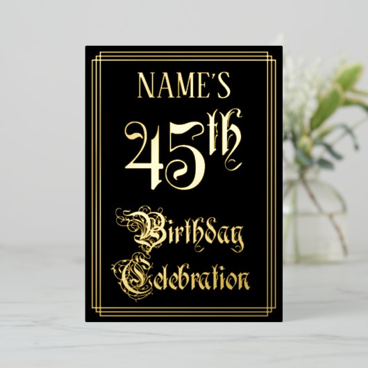 45e verjaardag Partij — Fancy Manuscript & Naam va Folie Uitnodiging (Staand Voorkant)