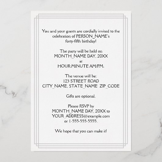 45e verjaardag Partij — Fancy Manuscript & Naam va Folie Uitnodiging (Achterkant)