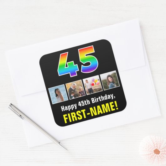 45e verjaardag: Regenboog "45"; Aangepaste foto's  Vierkante Sticker (Envelop)