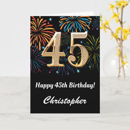 45e verjaardag regenboogvuurwerk zwart en goud kaart (Gele Bloem)