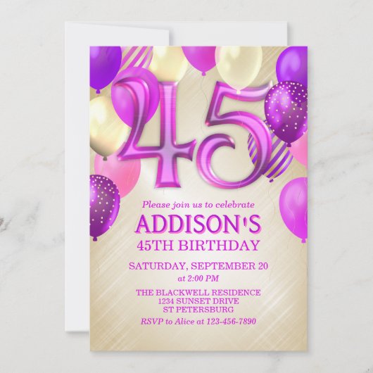 45e verjaardag roze ballonnen uitnodiging (Voorkant)