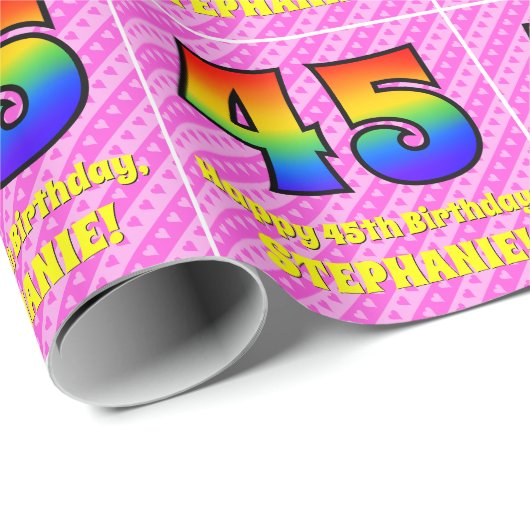 45e verjaardag: roze strepen & harten, regenboog # cadeaupapier (Rol Hoek)
