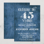 45e verjaardag Uitnodiging Blauwe linen Rustic Che (Voorkant / Achterkant)