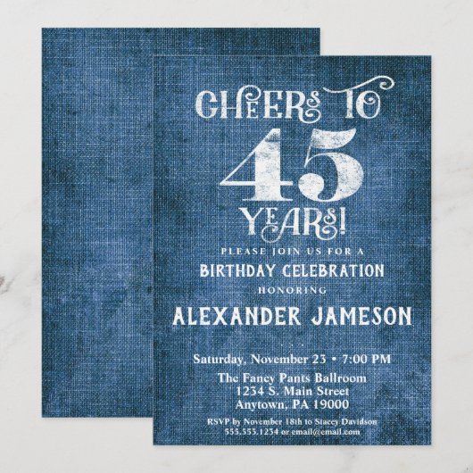 45e verjaardag Uitnodiging Blauwe linen Rustic Che (Voorkant / Achterkant)