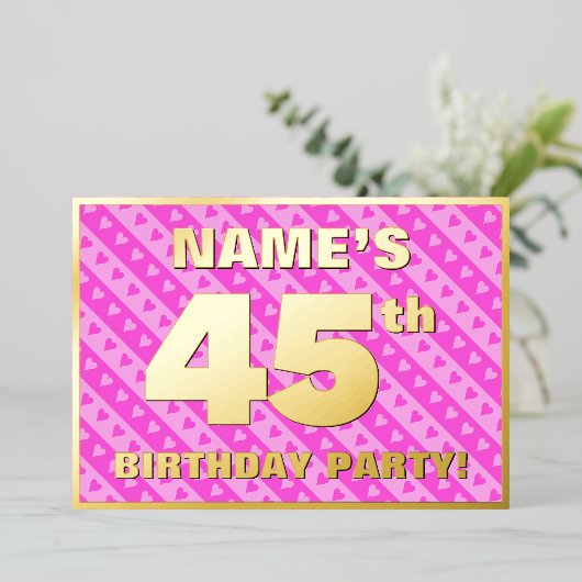 45e verjaardag van de opstand - vuurroze harten en folie uitnodiging (Staand Voorkant)