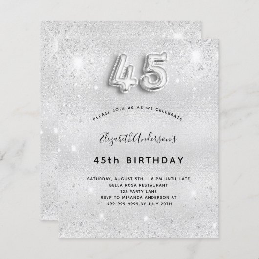 45e verjaardag zilveren glitter budgetuitnodiging (Voorkant / Achterkant)