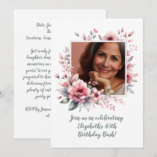 45e Verjaardagsfeest Custom Photo Floral Kaart (Voorkant / Achterkant)