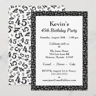 45e verjaardagsfeest, zwart/wit nummerpatroon kaart