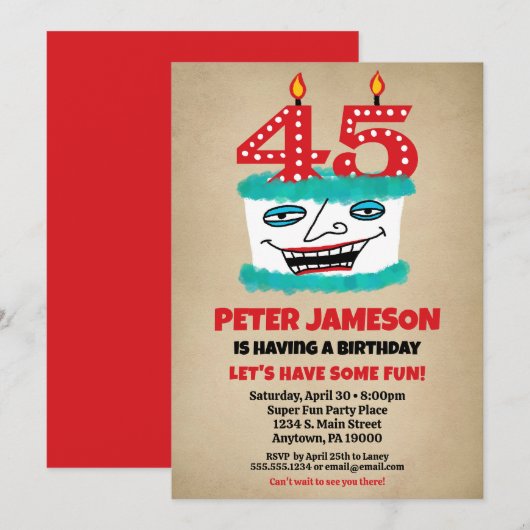 45e Verjaardagsuitnodiging Grappige taart Casual M Kaart (Voorkant / Achterkant)