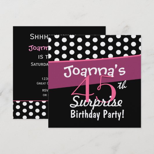 45e verrassingsdag zwarte witte pooldonker roze kaart (Voorkant / Achterkant)