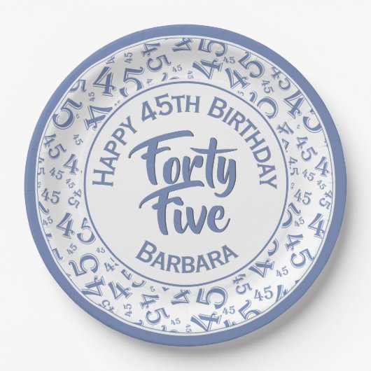 45e willekeurig getal patroon blauw/wit papieren bordje (Voorkant)