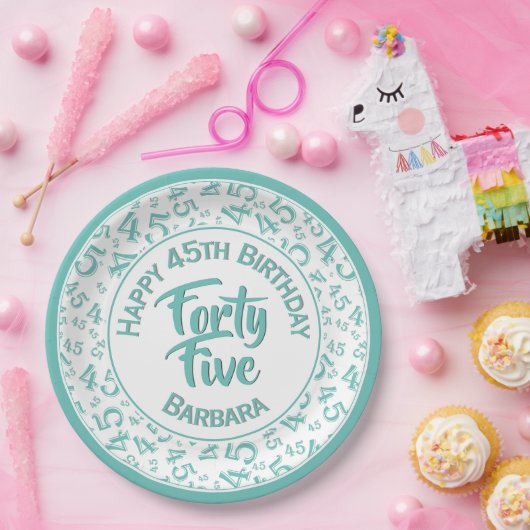 45e Willekeurige Getal Patroon Blauwgroen/Wit Papieren Bordje (Feest)