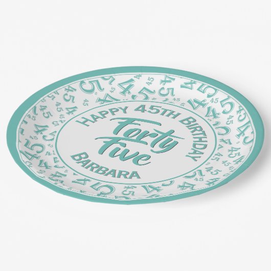 45e Willekeurige Getal Patroon Blauwgroen/Wit Papieren Bordje (Gekanteld)