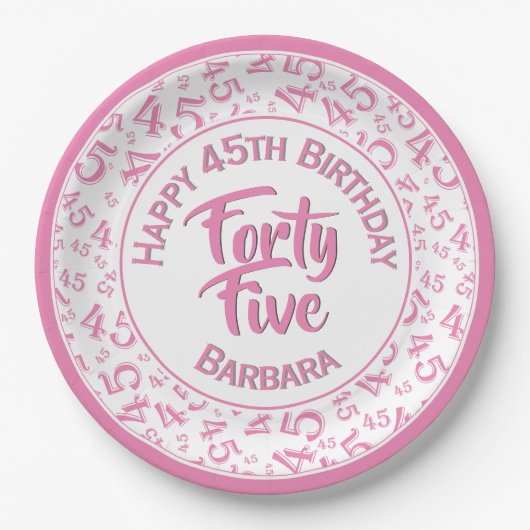 45e willekeurige getal patroon roze/wit papieren bordje (Voorkant)