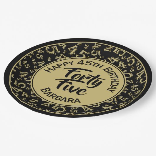 45e Willekeurige Getal Patroon Zwart Goud Papieren Bordje (Gekanteld)