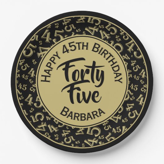 45e Willekeurige Getal Patroon Zwart Goud Papieren Bordje (Voorkant)