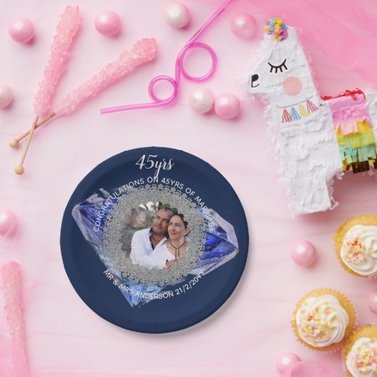 45ste trouwdag - VOEG FOTO TOE saffierblauw Papieren Bordje (Feest)