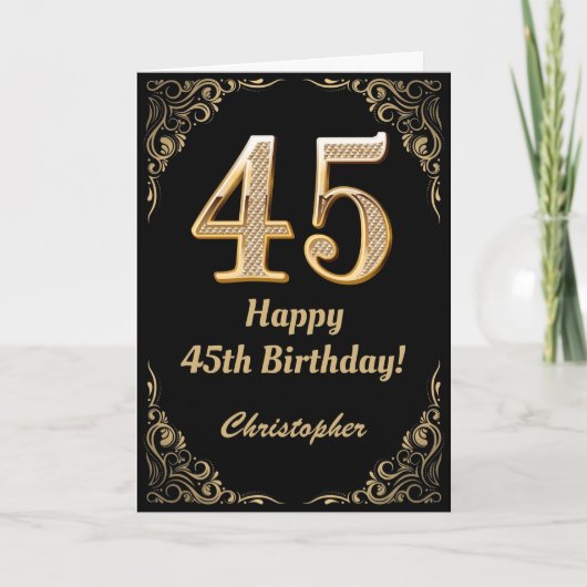 45th Birthday Black en Gold Glitter Lijst Kaart (Voorkant)
