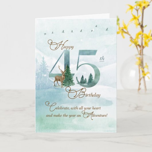 45th Birthday Evergreen Pines and Deer Nature Kaart (Gele Bloem)