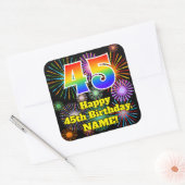 45th Birthday: Fun Fireworks Look, Rainbow # 45 Vierkante Sticker (Envelop)