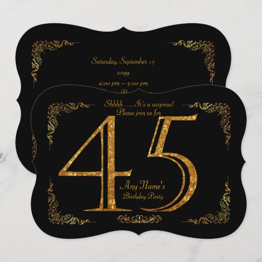 45th, Birthday party 45th, geweldige Gatsby, zwart Kaart (Voorkant / Achterkant)