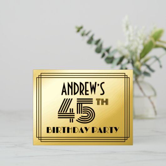 45th Birthday Party ~ Art Deco Style "45" + naam Folie Uitnodiging Briefkaart (Staand Voorkant)