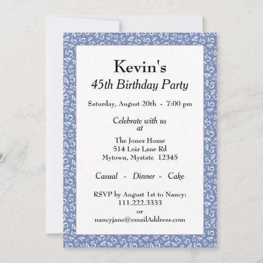 45th Birthday Party, Blue White Number Pattern Kaart (Voorkant)