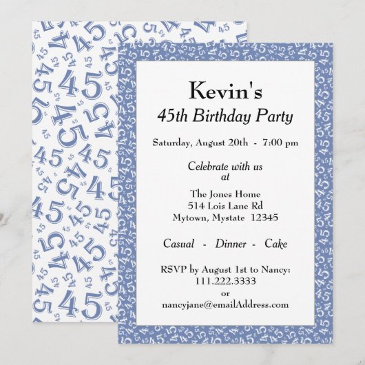 45th Birthday Party, Blue White Number Pattern Kaart (Voorkant / Achterkant)
