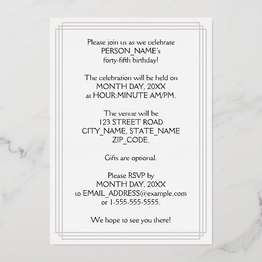 45th Birthday Party — Elegant Script + aangepaste Folie Uitnodiging (Achterkant)