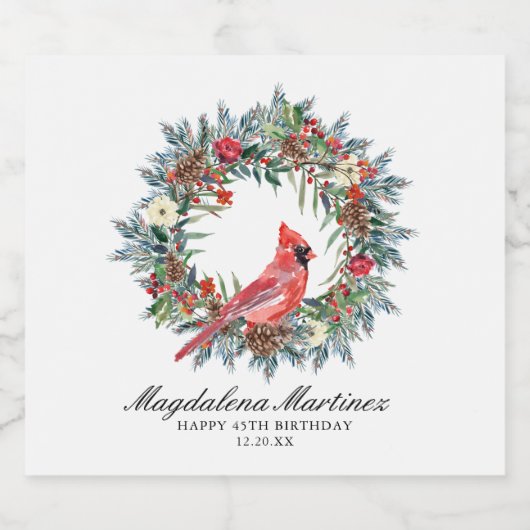 45th Birthday Party Red Cardinal Wreath Custom Sparkling Wijnetiket (Enkel label)