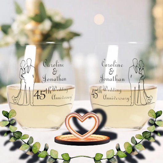 45th Sapphire Wedding Jubileum Line Art Couple Wijnglas Zonder Voet