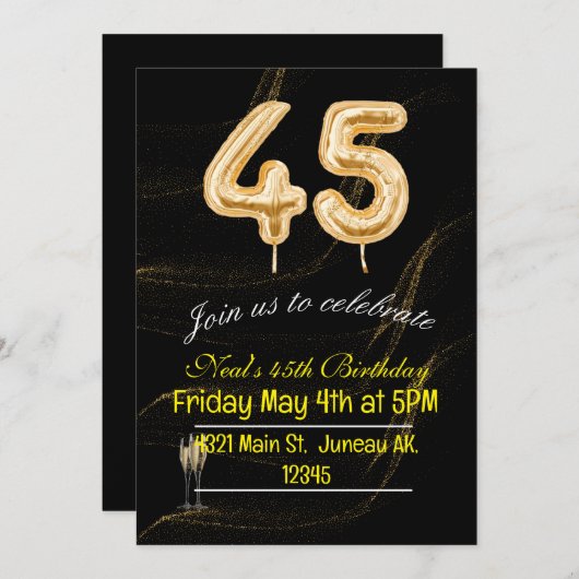45th Verjaardag zwart en goud ballon nummers Invit Kaart (Voorkant / Achterkant)