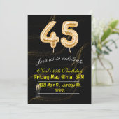 45th Verjaardag zwart goud ballon nummers Invite Kaart (Staand voorkant)