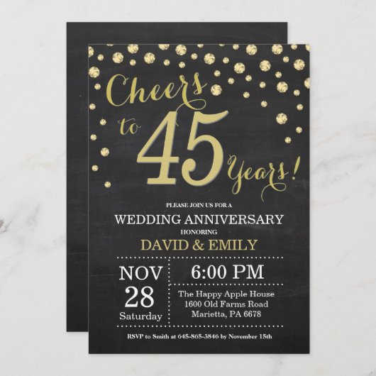 45th Wedding Jubileum Chalkboard Black en Gold Kaart (Voorkant / Achterkant)