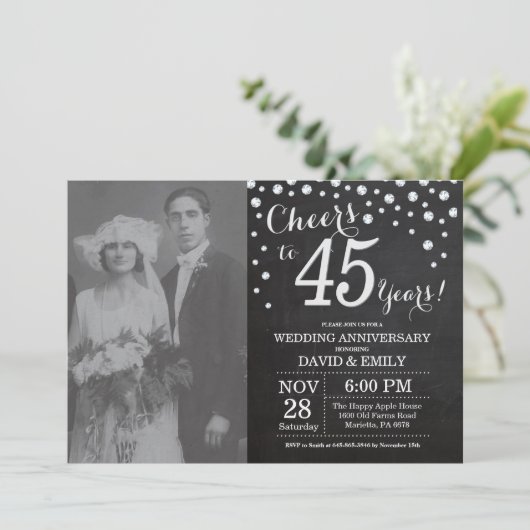 45th Wedding Jubileum Chalkboard Black Silver Kaart (Staand voorkant)