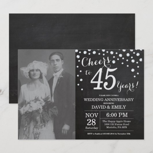 45th Wedding Jubileum Chalkboard Black Silver Kaart (Voorkant / Achterkant)