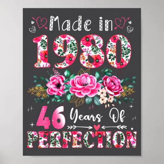 46 Year Old Made In 1980 Floral 46th Birthday Wome Poster (Voorkant)