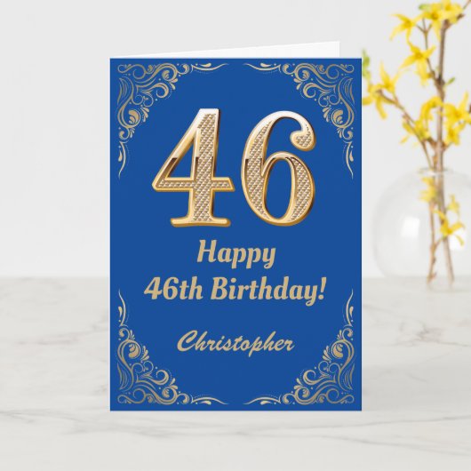 46e Birthday Blue en Gold Glitter Lijst Kaart (Gele Bloem)