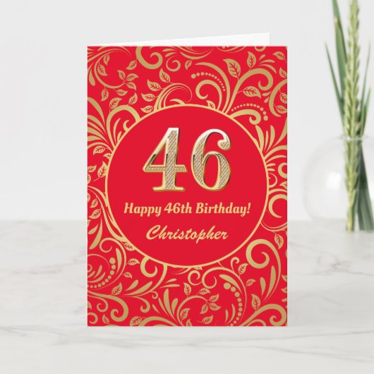 46e Birthday Red en Gold Floral Pattern Kaart (Voorkant)